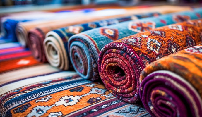 Collage of different types of colorful rolled rugs