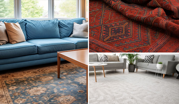 Collage of different types of rugs placed on the floor