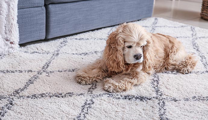 A pet dog is sitting on a clean rug