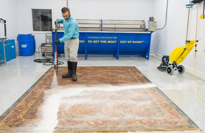 Professional rug cleaning with pressure washing