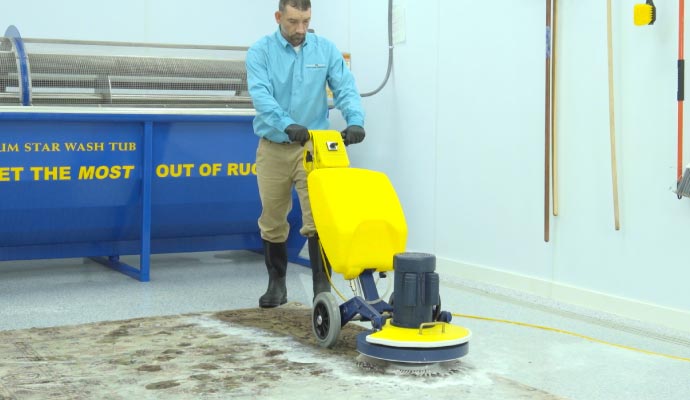 Expert worker cleaning rug with professional equipment Expert worker cleaning rug with professional equipment