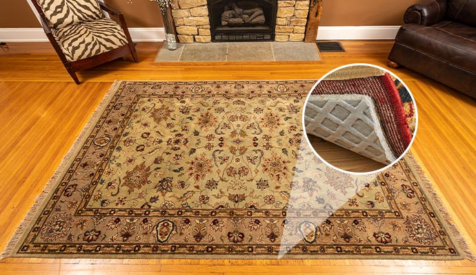 Padded rug on hardwood floor near fireplace